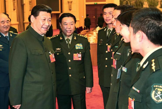 中共中央總書記、中共中央軍委主席習(xí)近平出席十二屆全國人大一次會議解放軍代表團(tuán)全體會議并發(fā)表重要講話。