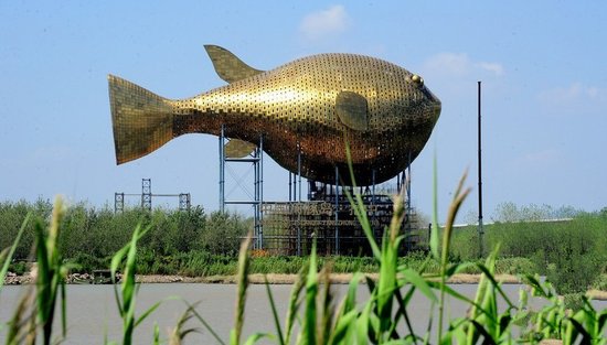 昨天，揚(yáng)中市西沙島，正在施工的河豚塔金光閃閃