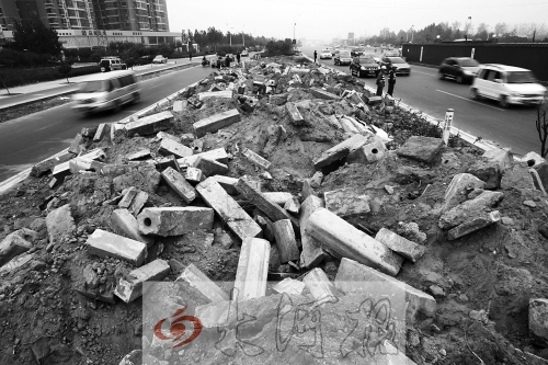 中州大道部分路段，綠化帶成了垃圾場。