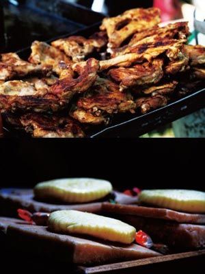 　　草原美食烤肉和奶酪。　