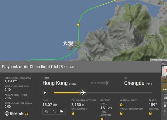  圖片來自航空網(wǎng)站flightradar24，圖顯示飛機(jī)在大澳險(xiǎn)撞山頭