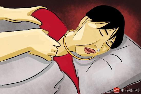 妻子張津華再沒能醒來，這個正處盛年、愛美又能干的女人變?yōu)榱酥参锶?，在床上一躺九年，容顏已枯朽。（畫作者：羅逸爵）