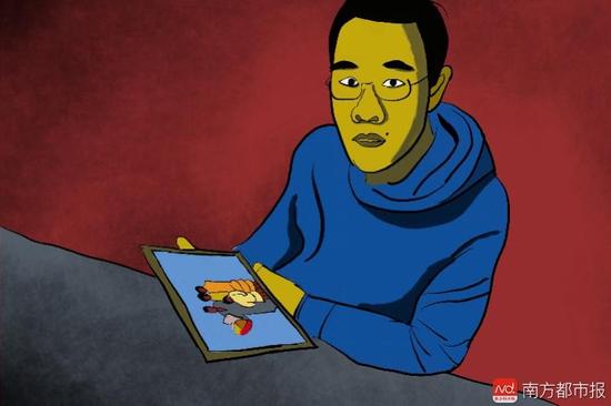 王煥凱看著一家人幸福的合照，黯然神傷，悔不當(dāng)初。（畫作者：吳斌）