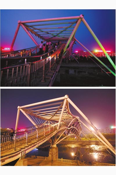 花園路西側(cè)東風(fēng)渠景觀橋，上圖攝于7月31日晚間，下圖攝于10月9日晚間。