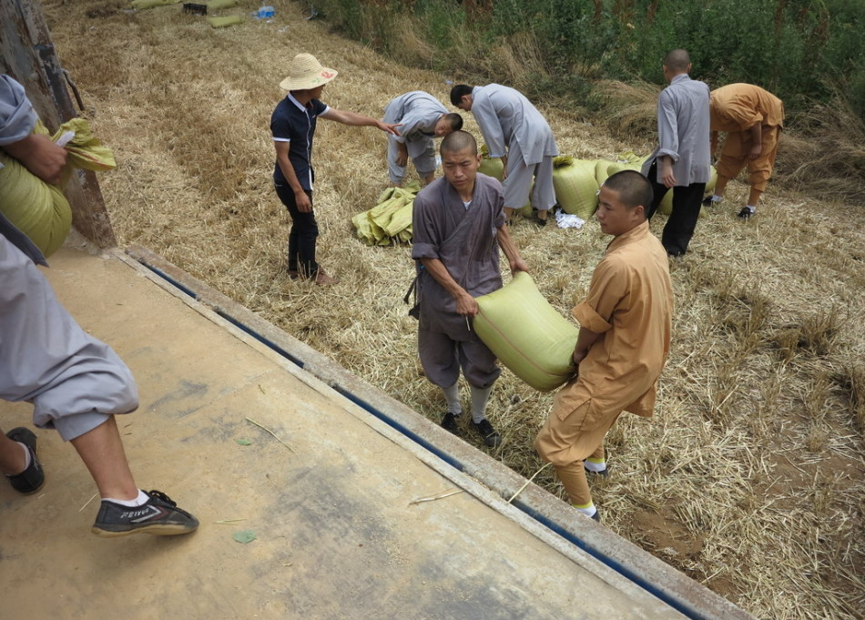 武僧將打包后的糧食集中至運(yùn)輸車輛上。