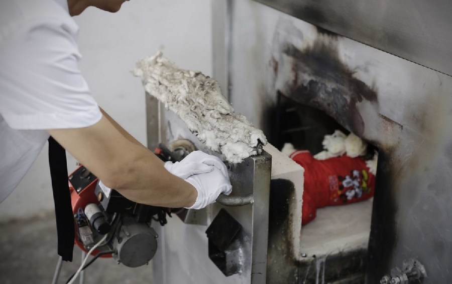 工作人員將狗狗推入火化爐。