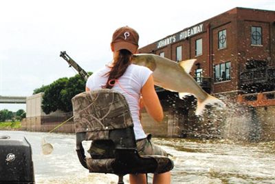 亞洲鯉魚(yú)突然躍出水面，對(duì)游客“發(fā)動(dòng)襲擊”。