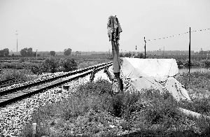 6月30日， 農(nóng)戶用搭建的窩棚和電線桿阻擋了鐵路的施工。新華社發(fā)