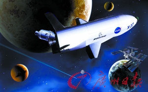 　美國(guó)X—37B宇宙飛船在太空中。（合成圖片）